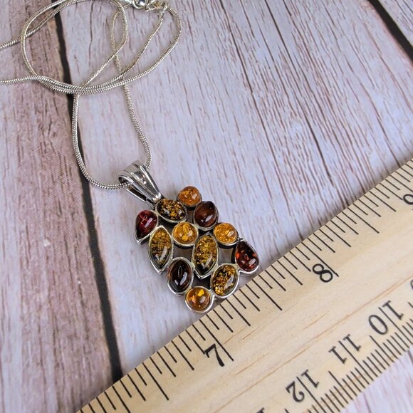 Unique Sterling Silver Pendant Necklace With Multicolor Baltic Amber Stones - Picture 4 of 9